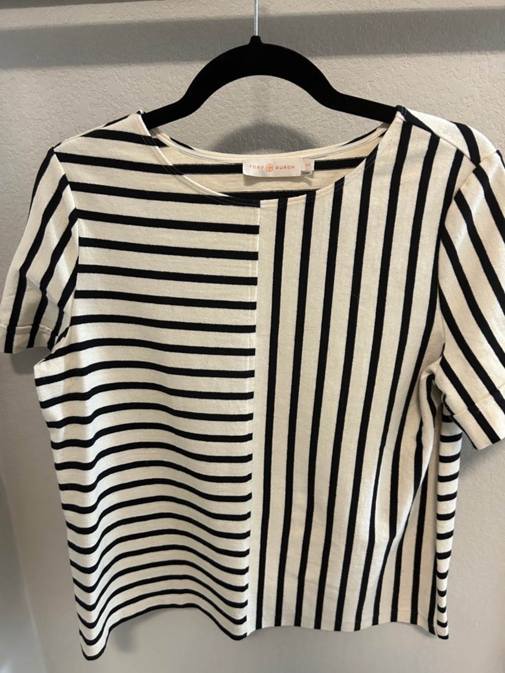 Tory Burch Black and Cream Mixed Stripe Short Sleeve Top
